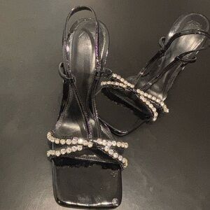 ZARA Black High Heel Square Toe Strappy Sandals
